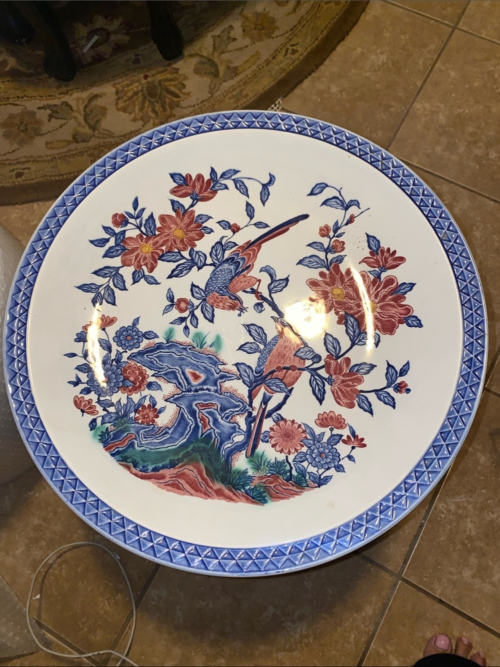 Vintage Decorative Porcelain Charger Plate with Floral & Bird Motif - 16 1/4”